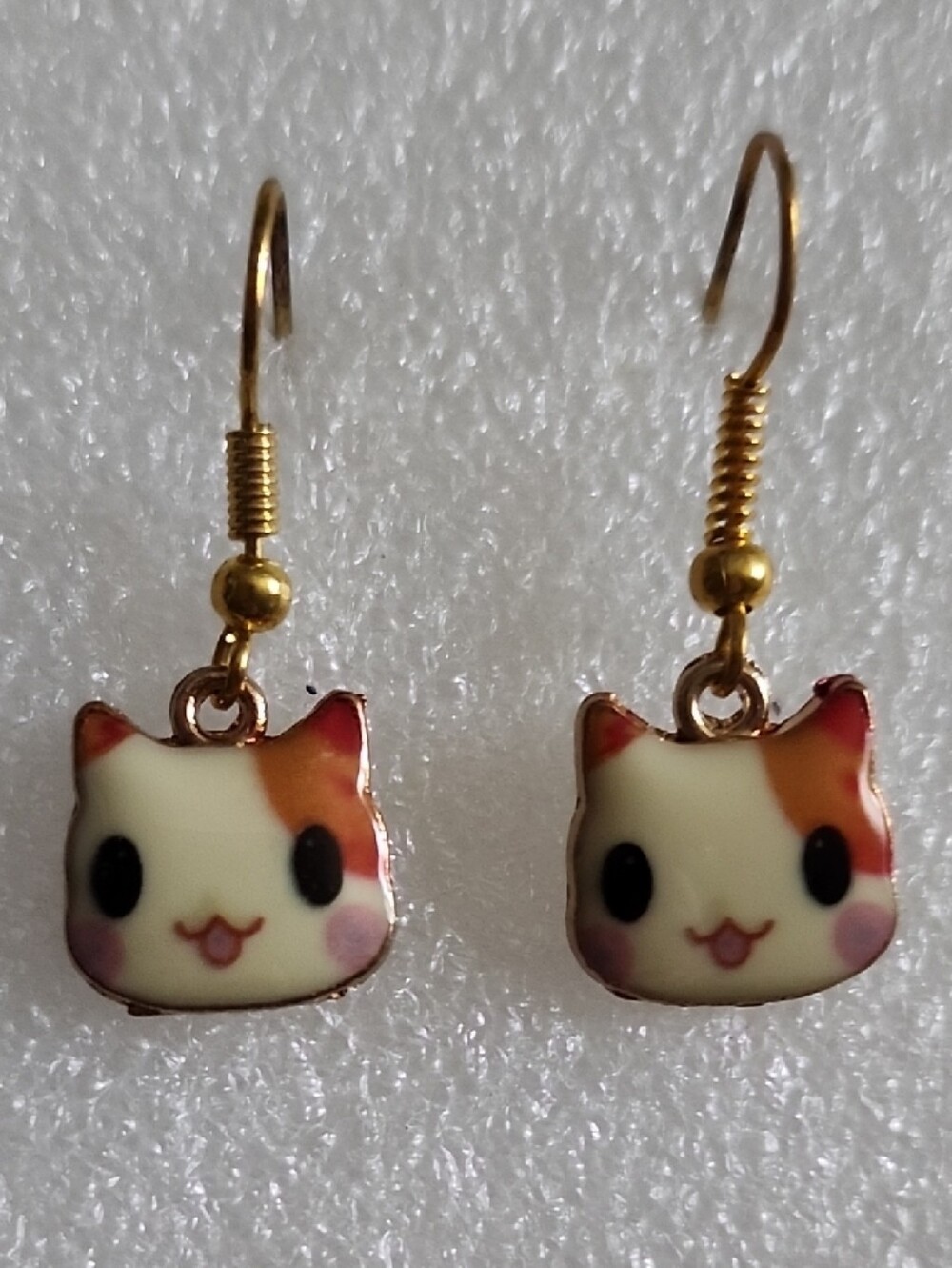 Hand Crafted Cute Cat Face Dangle Earrings in Cream and Orange